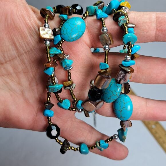 Turquoise Color and Brown Necklaces Earring Set Fashion Jewelry Cross Layers - Picture 9 of 10